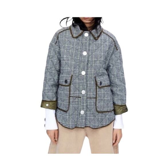 Zara Jackets & Blazers - Zara Boxy Plaid Coat Jacket Medium Green Gray Check Button Front Utility Pockets